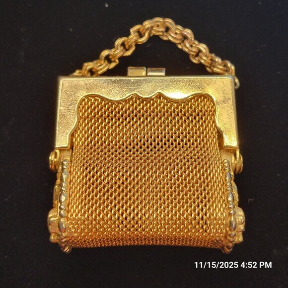 Mesh Purse Miniature Pill Coin Box Doll Gold Tone Jeweled Rhinestones 2" - Picture 4 of 9